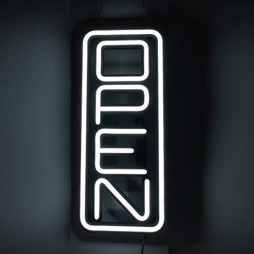 Vertical All White LED Open Sign - Super Bright Open Signs for Business - Innovative NEON Style LED Light Technology to Attract Customers - Includes Extra Will Return Clock Sign with Hours