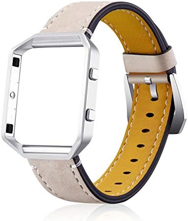 YuStar Compatible with Fitbit Blaze Watch Bands, Genuine Leather Strap Replacement Band with Metal Frame Wristband Women Men Black White Blue for Fibit Blaze Smart Watch