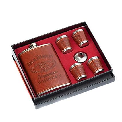 One Nine International Easy Sip Stainless Steel Hip Flasks, Liquor or Wine Whiskey Alcohol Drinks Holder Pocket Bottle with Funnel and Two Shots Glasses Gift Set for Men - 7 Oz (Brown1)