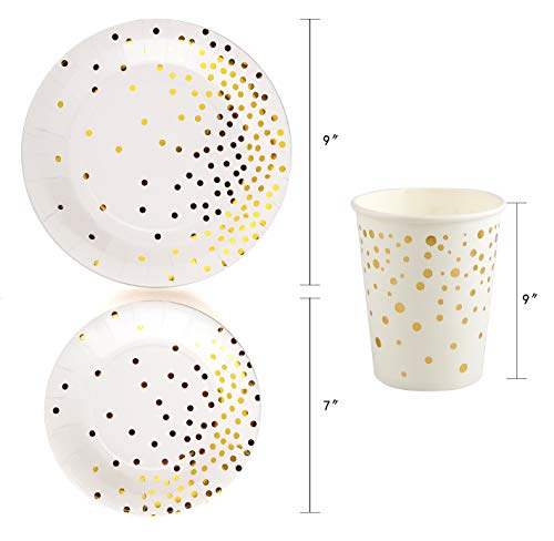 Party Plates and Cups -72 & 144 Piece Fancy Paper Plates with Cups- Gold Polka Dot Paper Plates and Cups- 9" Plates, 7" Plates, 9 oz Cups- Disposable Plates and Cups, Serves 24 & 48 People (144-Piece)