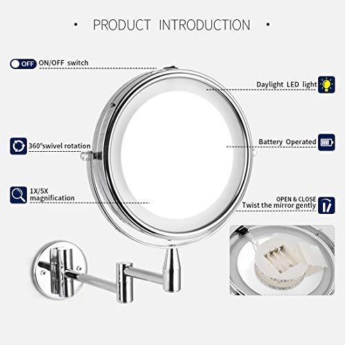 Wall Mounted LED Magnifying Mirror 5X Makeup 8" Lighted Double Side 360 Degree Vanity Magnification Swivel Extendable Mirror - Thumbnail 4