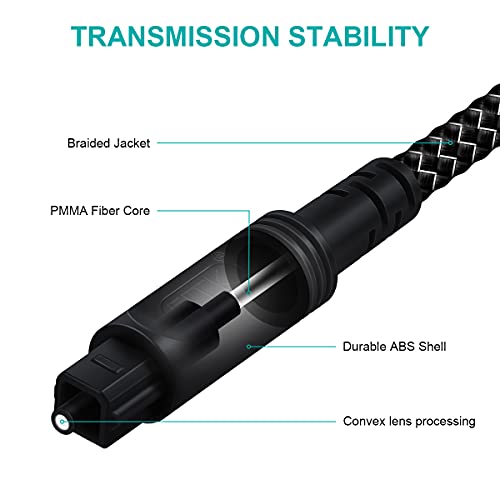 Optical Audio Cable EMK Nylon Braided Optical Cable Digital Fiber Optic Male to Male Toslink Cable for Sound Bar, TV, PS4, Xbox, Home Theater & More Black (6 Feet)