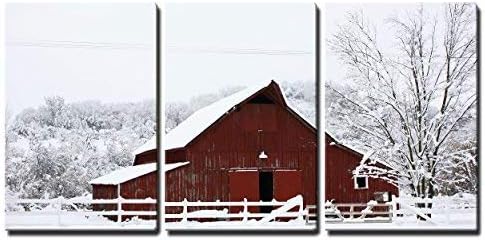 Wall26 Big Red Barn In The Snow Canvas Art Wall Decor 16"X24"X3 Panels