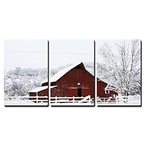 Big Red Barn in The Snow - Canvas Art Wall Art - 16"x24"x3 Panels