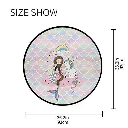 Round Area Rug Non-Slip Large Circle Rugs for Living Room Bedroom Beautiful Modern Microfiber Soft Carpet Machine Washable Floor Mat Home Decor 3-Feet Diameter (Mermaid Unicorn)