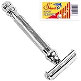Parker 99R - Long Handle Heavyweight Butterfly Open Double Edge Safety Razor &amp; 5 Shark Super Chrome Blades