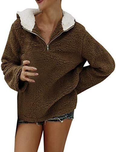🔅 Womens Fuzzy Casual Loose Sweatshirt Fleece Hoodies Winter Autumn Warm Soft Pullvoer Sweatshirts with 1/4 Zip UK Size