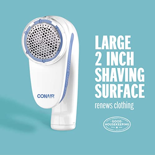 Conair Fabric Shaver and Lint Remover, Battery-Operated Portable Clothes Shaver with 3 Settings, Fuzz Remover for Sweaters, Clothing and Furniture, Large 2-Inch Shaving Head, White