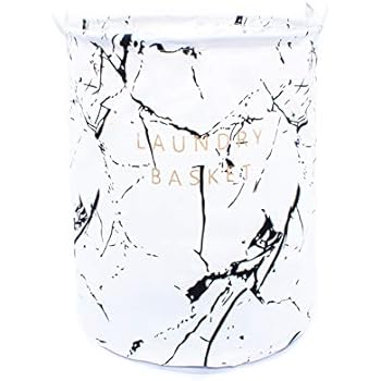 owhizz Laundry Basket with Handles Waterproof Canvas Large Storage Bin Foldable Organizer (15 Inch, White Marble Print)