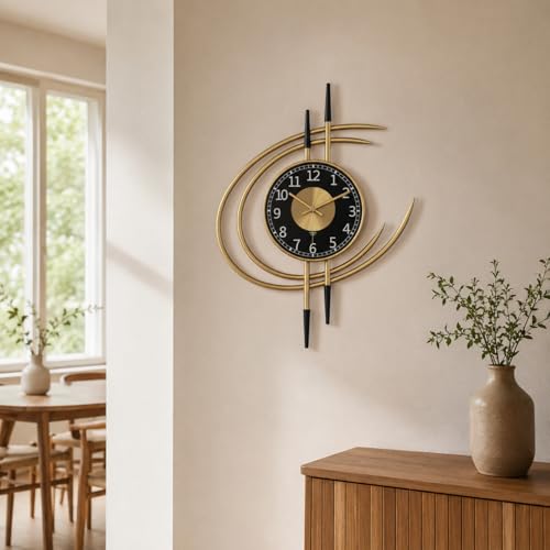LANMOU Wall Clock Large Modern 54 cm Wall Clock Living Room Clock Wall without Ticking Noises Wall Clocks Gold Black Silent Design Metal Living Room Clock Decorative