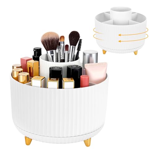 Staranry 360° Rotating Makeup Organizer Holder, Makeup Brush 5 Grids, Multifunction Cosmetic Makeup Organizer, Swivel Organizer for Dresser, Bedroom, Bathroom (White)