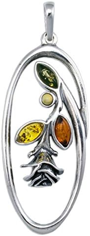 Silver Amber Pendant, Multicolor, Baltic Amber-Multicolor Amber Rose Pendant