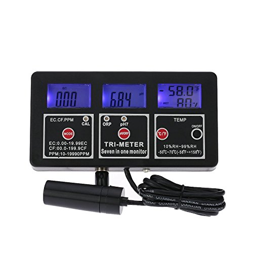 KKmoon 7 in 1 Multi-parameter Water Testing Meter Digital LCD Multi-function Water Quality Monitor ORP / pH / RH / EC / CF / TDS(PPM) / TEMP Multiparameter Water Quality Tester