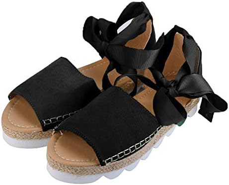 Womens Espadrilles Lace Tie up Flat Sandals Summer Peep Toe Classic Mid Heel Shoes