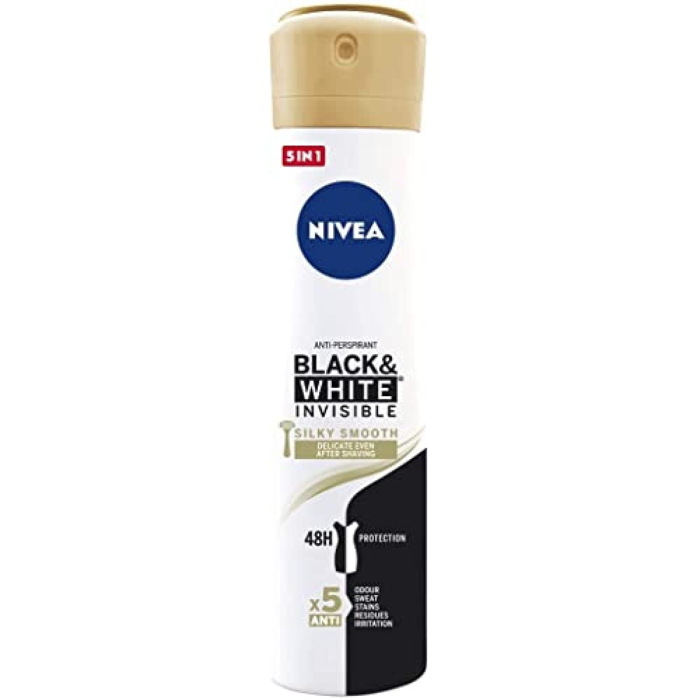 NIVEA Black & White Invisible Silky Smooth Spray, 1 x 200 ml, Antiperspirant Deodorant for Soft Skin, Deodorant Spray to Protect Clothes