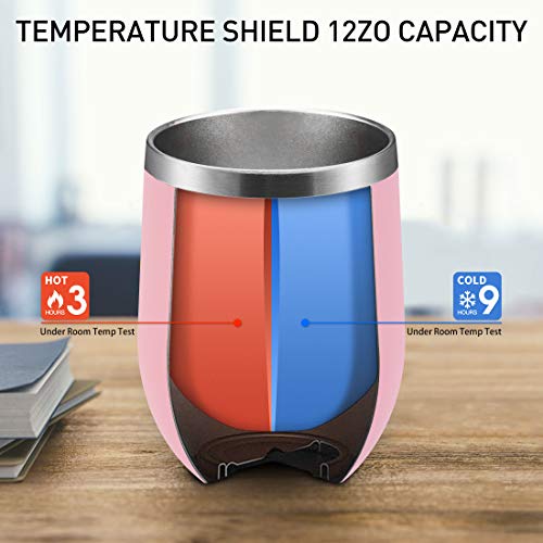 DOMICARE Insulated Wine Tumbler with Lid (2 Pack, Pink) - 12 OZ Stemless Double Wall Vacuum Traval Mug - Keeping Cold & Hot for Wine, Coffee, Cocktails, Drinks