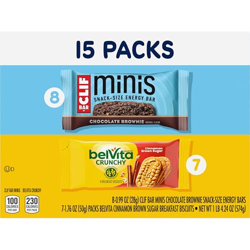 CLIF BAR MINIS ENERGY BARS & BELVITA CRUNCHY BREAKFAST BISCUITS, SNACK VARIETY PACK, 15 SNACK PACKS