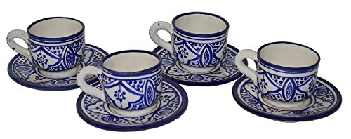 Moroccan Espresso Cups Handmade Imported Set of 4 with 4 Saucers Exquisite Design With Vivid Colors
