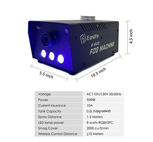Easife Latest 2019 Professional Fog Machine 500W Wireless Remote Control with Lights LED Portable Smoke Machine for Continuous Fog&Independent-Used Lighting Effects Chrismas Party