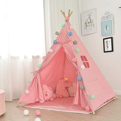 キッズティーピー子供ゲームプレイハウステント 女の子かわいいピンクのレースデザインインドのウィグワムティピ 本物 屋内と屋外のポータブル大型女の子テント 耐久性のある肌にやさしい綿素材幼児プレイテント