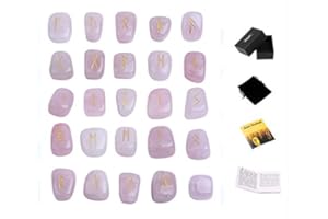 TGS Gems Rose Quartz Rune Stones Set Engraved Pagan Lettering with Instruction Booklet and Velvet Pouch