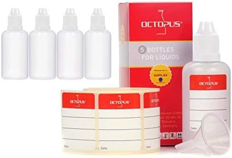 Octopus 5 x 50 ml dropper bottles for dosing liquids, e-liquids, eye drops, empty LDPE plastic bottles transparent, plastic bottles with white dripping caps, with child safety lock, incl. 5 labels