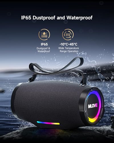 MLOVE E90 Altavoz Portátil Bluetooth Inalámbrico Impermeable RGB LED Luz True Wireless Stereo, Bluetooth 5.4, Micro-SD, Memoria USB, Jack 3,5mm, Carga Type C, Negro