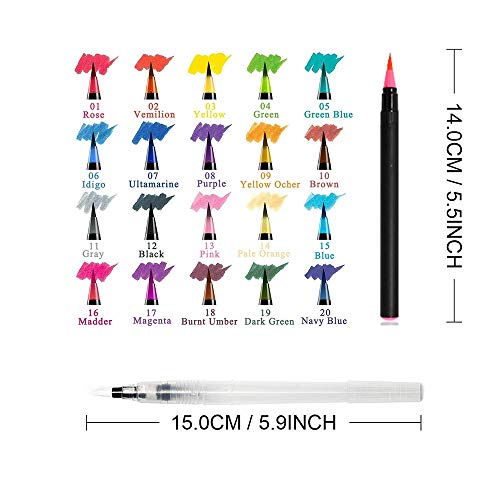 Microwear Watercolour Brush Pen Set [20+1 Watercolour Pens+6 Templates], With Real Soft Flexible Tip, Ideal for Colouring, Painting, Drawing and Calligraphy (Non-Toxic)