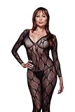 Dreamgirl Women's Plus-Size Long-Sleeve Bow Lace Bodystocking, Black, Queen Size