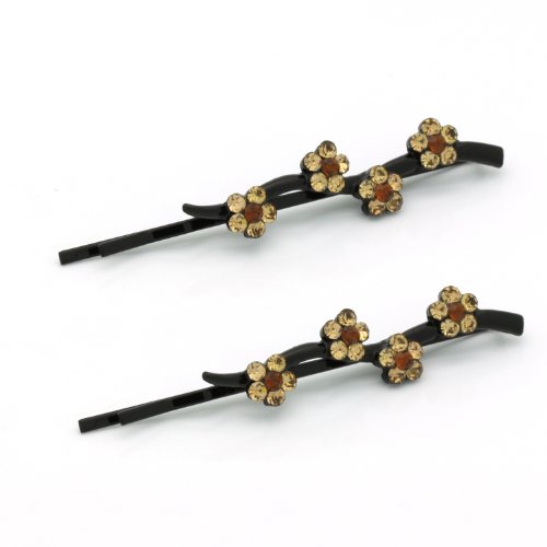 DoubleAccent Hair Jewelry Daisy Covered Bobby Pins in Simulated Crystal Set of Two, Light Brown