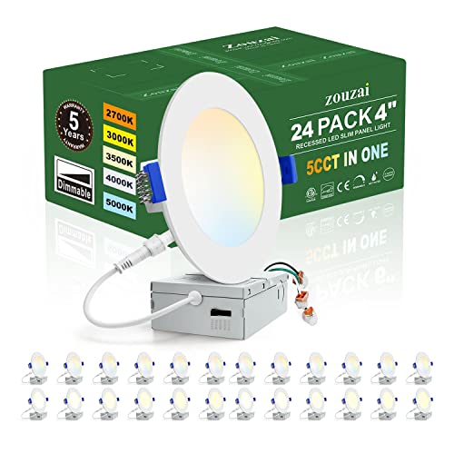 zouzai 24 Pack 4 Inch Ultra-Thin LED Recessed Ceiling Light with Junction Box 5CCT Adjustable Dimmable Can-Killer Downlight - ETL and Energy Star Certified (24 Pack 5CCT White, 4 Inch)