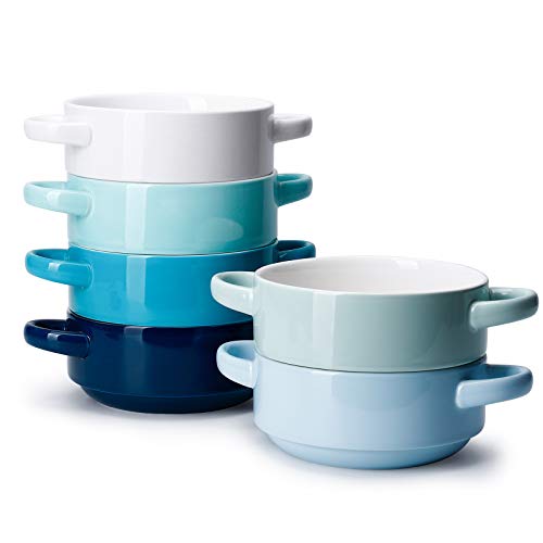 Sweese 108.003 Porcelain Bowls with Handles 20 Ounce for Soup, Cereal, Stew, Chill, Set of 6