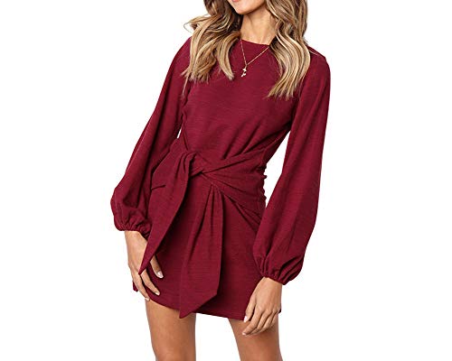 Longwu Women's Loose Casual Front Tie Long Sleeve Bandage Party Dress Wine Red-M