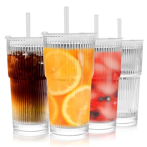 4 Piezas Vasos de Cristal de 550ml, Vaso de Vidrio con tapa y popote, para café/batidos/cócteles y jugos/vasos/Whisky/Capuchino