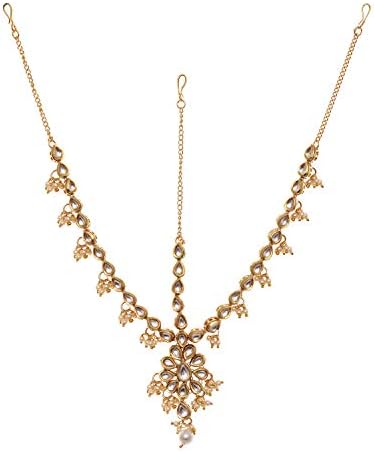 Gold Plated Kundan Floral Pearl Drop Traditional Matha Patti Maang Tikka for Women (SFJ450W)