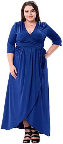 Sapphyra Women's V Neck Empire Waist Floor Length Casual Party Bodycon Dress, Dark Blue, 1X Plus