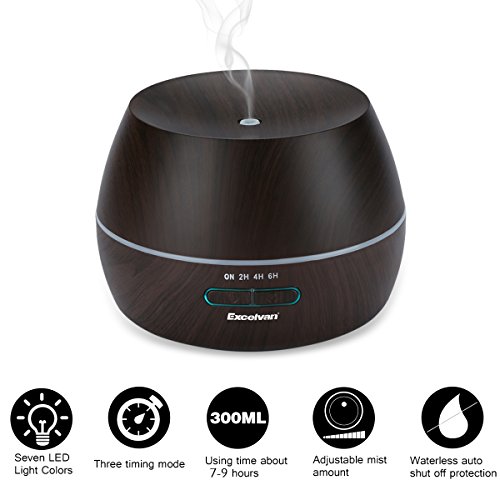 Aroma Oil Diffuser, Excelvan 300ML Essential Ultrasonic Humidifier Air Mist Aromatherapy Purifier with 7 Colors LED Automatically Change, Dark Woodgrain