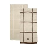 Calphalon Textiles 2-Piece Solid and Large Check Kitchen Towel Set, Pecan/Oyster