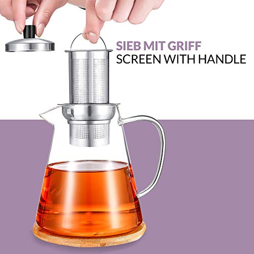 Cosumy Teekanne Glas mit Edelstahl Siebeinsatz 1,3 L - Mit Untersetzer - Hitzebeständig - Hält lange warm - Spülmaschinenfest – Bild 4