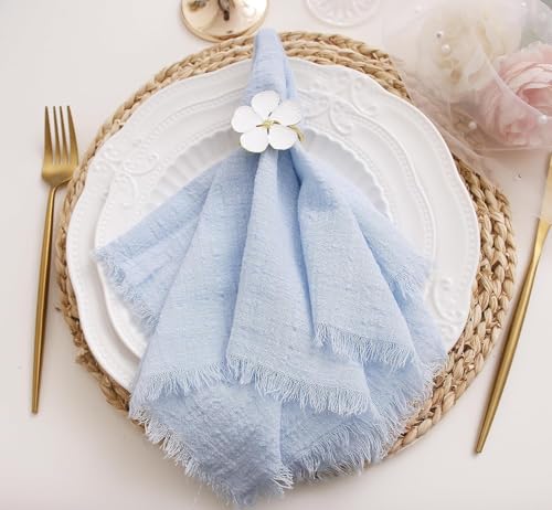 12 Pieces Cloth Napkins with Fringe, Gauze Washable Fall Napkins for Wedding Decorative Dinner Parties Home Table Decorations (42 * 42cm, Light Blue)