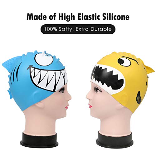 Kids Swim Cap 2 Pack, Fun Silicone Swim Caps for Boys and Girls, Fit for Children 3-12 - Thumbnail 3
