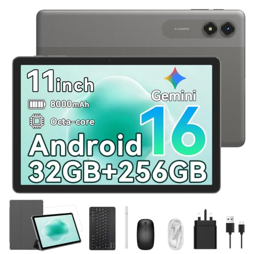 Tablet 2026 Android 16 Tablet with Gemini AI, 11 Inch FHD Display, 32GB RAM 256GB ROM/2TB TF, T7250 CPU + 13MP Camera, 8000mAh, Widevine L1, Tablet with Keyboard, Mouse, Gray, for Work and Study