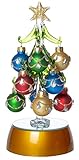 Mini Light Up Glass Christmas Tree, Small Table Top Holiday Season Décor with Removable Sphere Ornaments, Jewels & Gold Striped, 6 Inches