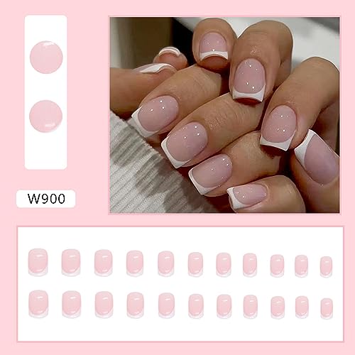 White French Tip Press on Nails Short Square Fake Nails Glossy Pink False Nails with Glue on Nails Reusable Full Cover Stick on Nails Acrylic Artificial Nails for Women DIY Nails Art Decoration - Image 2