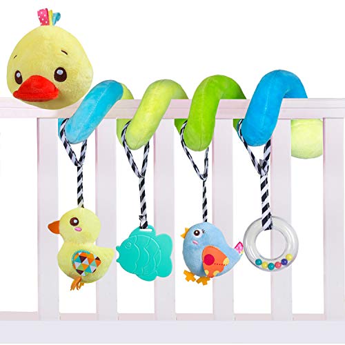 caterbee Car seat Toys, Baby Activity Spiral Plush Toys for Stroller bar Accessories, Crib Toys with Bell for boy or Girl, Hangings Rattle Toy with Squeaky (Yellow-Duck)
