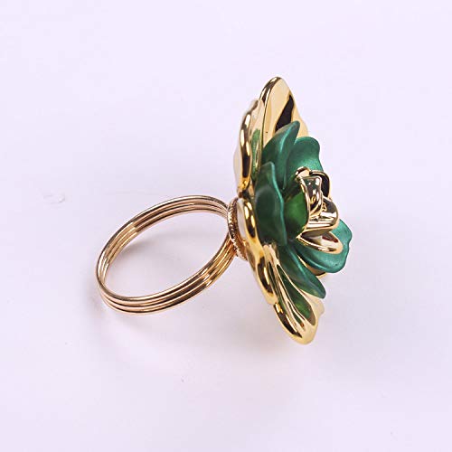 QTKJ Set of 6 Alloy Napkin Rings with Green Flower Napkin Buckle for Christmas, Holidays, Wedding, Parties, Dinners Decor(Gold)