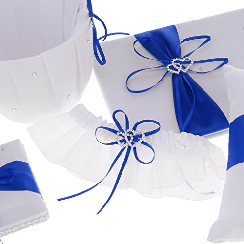 SunniMix Pieces of 5 Wedding Set Guest Book and Pen Stand Flower Girl Basket Ring Cushion Ring Holder Ring Bearer Garter Keepsake Memorial - Blue, as described