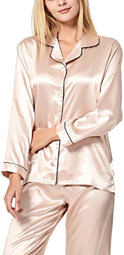 VlSl Womens Silk Satin Pajamas Set Sleepwear Loungewear Two-Piece Long Sleeve Pajama Set (Medium, Champagne)