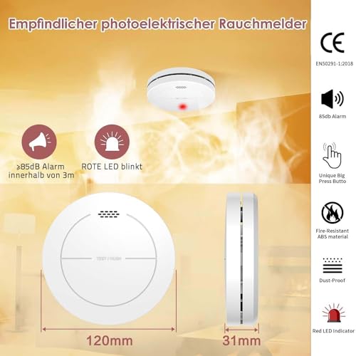 Smoke Detectors Set of 6, without Flashing LED, with 10 Year Battery, with Adhesive Pads, Mute Function, 85 dB Alarm Sound, Standalone Flat Fire Alarm for Home Fire Protection
