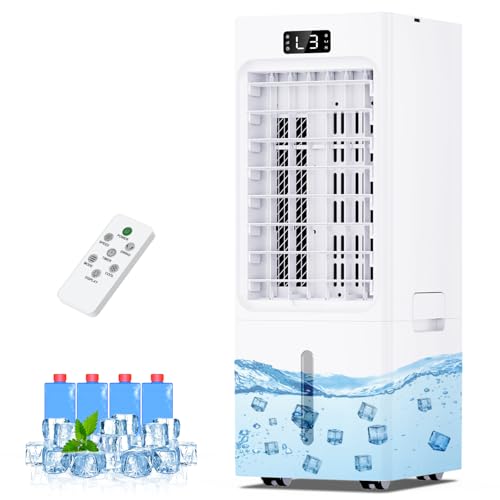 Portable Air Conditioner, 3 Speeds & 4 Modes, Air Conditioner Cooling Fan Humidifier 3-in-1, 6000ML Water Tank with 4 Ice Packs, 12H Timer, Remote Control, Evaporative Air Cooler